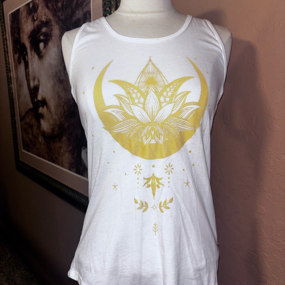 Ideal T by Next Level Lotus Design White and Gold Women's Yoga Tank Top size S